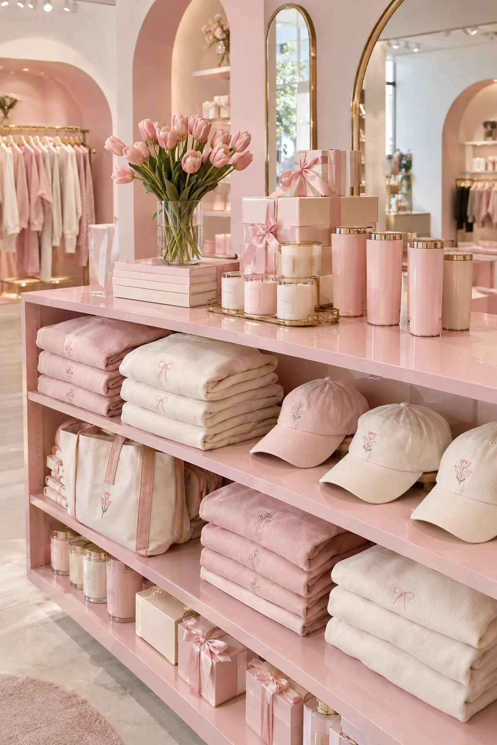 A pink boutique-style merch display with folded sweatshirts, embroidered caps, totes, tumblers and ribboned gift boxes.