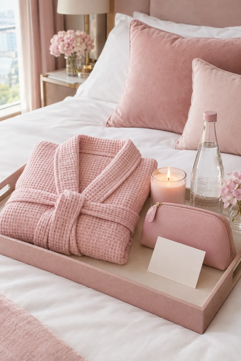 A hotel welcome tray with a folded robe, candle, glass water bottle and leather pouch on white bedding.