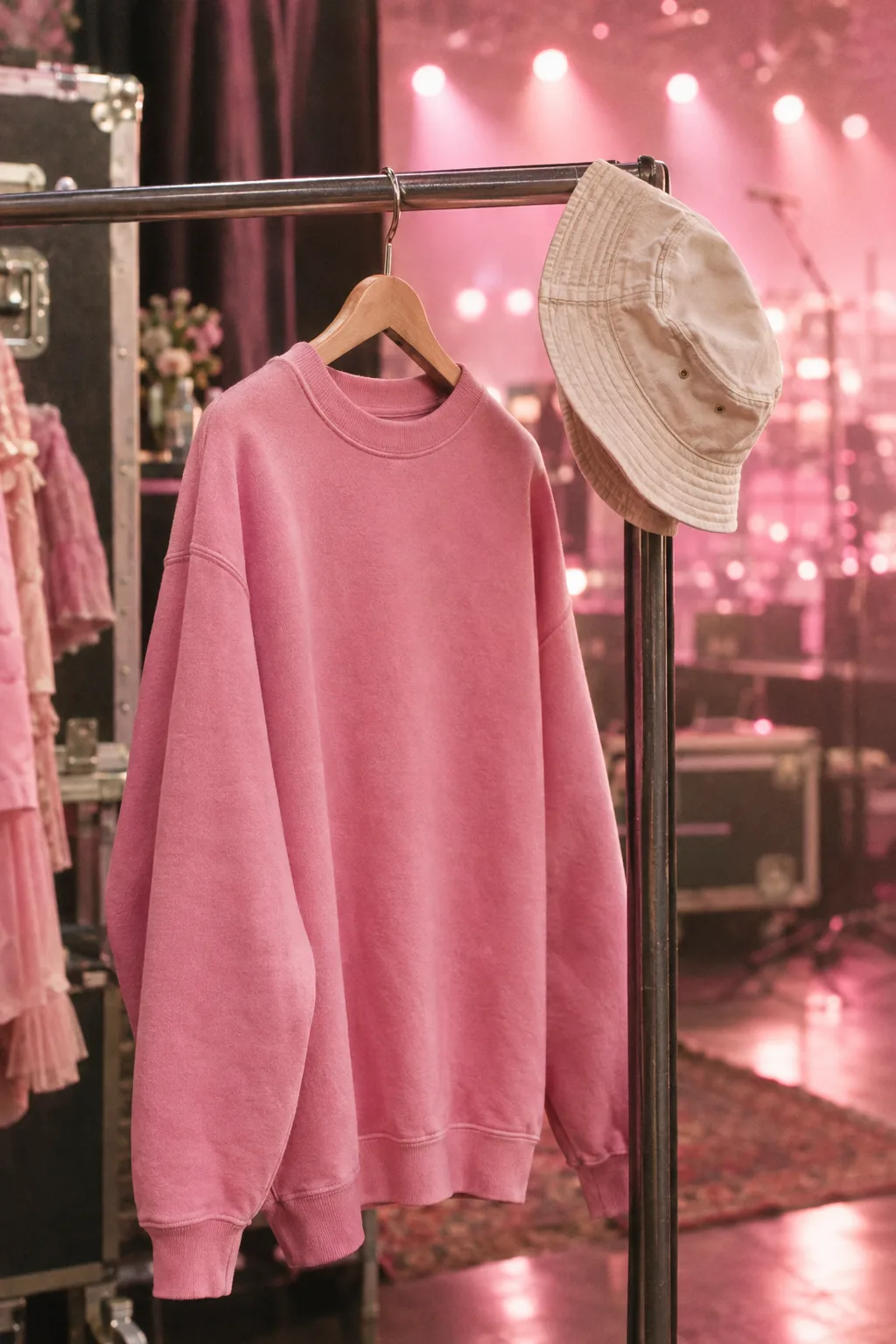 A bordeaux crewneck and cream bucket hat hanging on a rack backstage under warm stage lights.