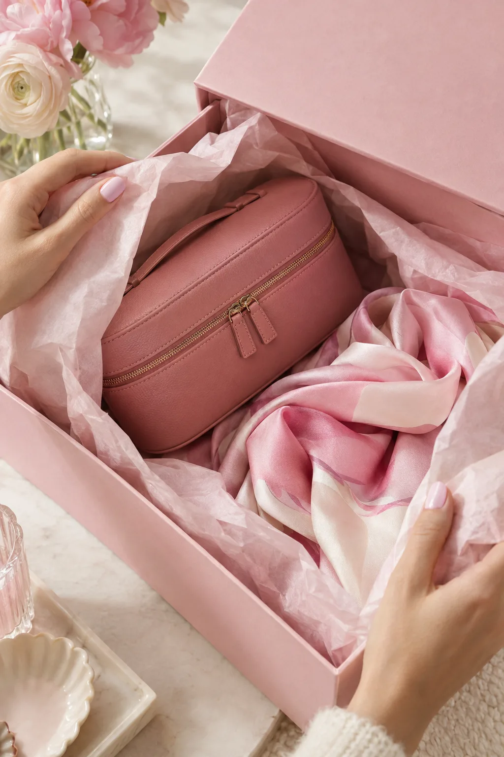Hands opening a bordeaux gift box through blush tissue to reveal a leather travel case and silk scarf.