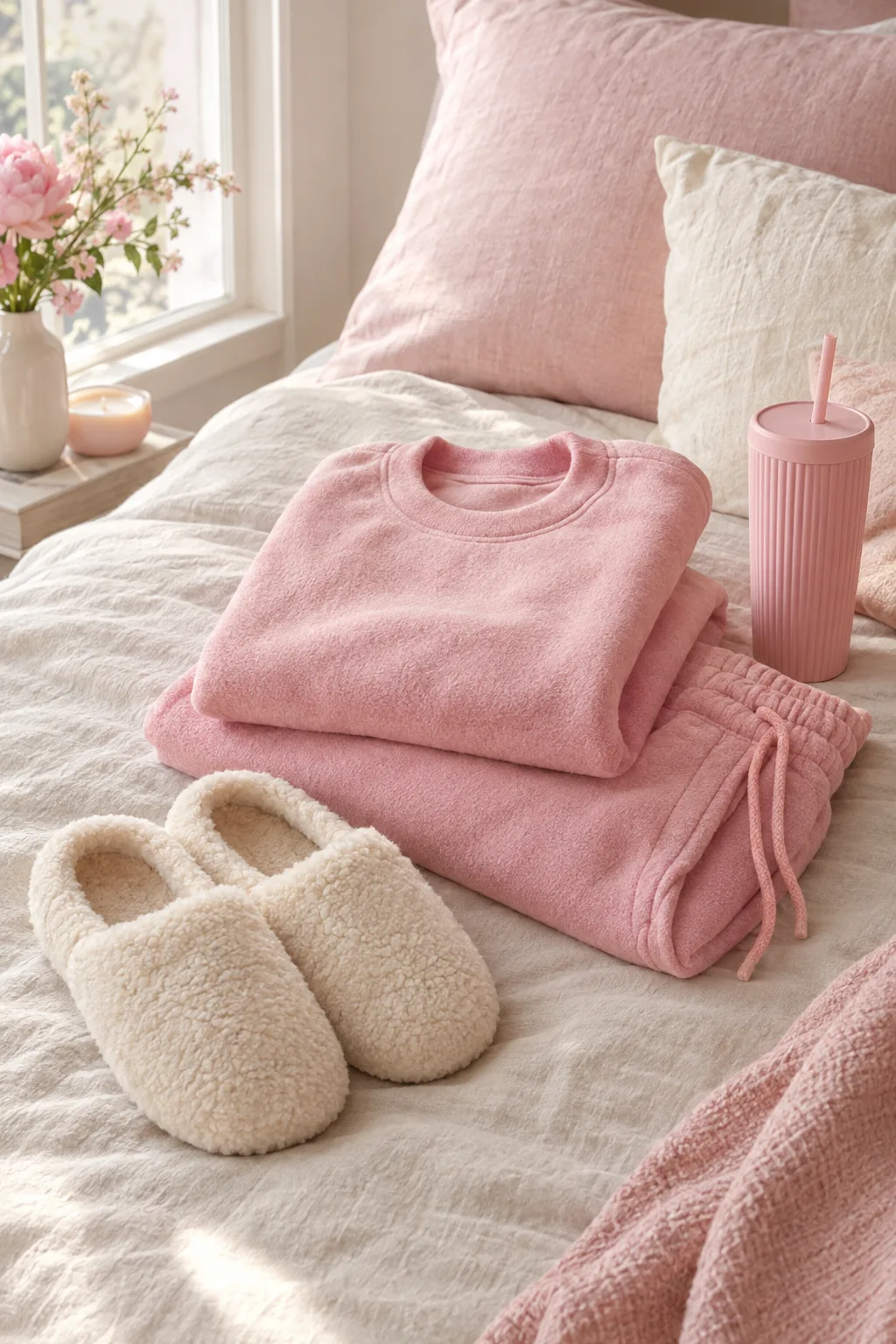 A folded cream fleece sweat set, plush slippers and a ribbed tumbler on a linen bed.